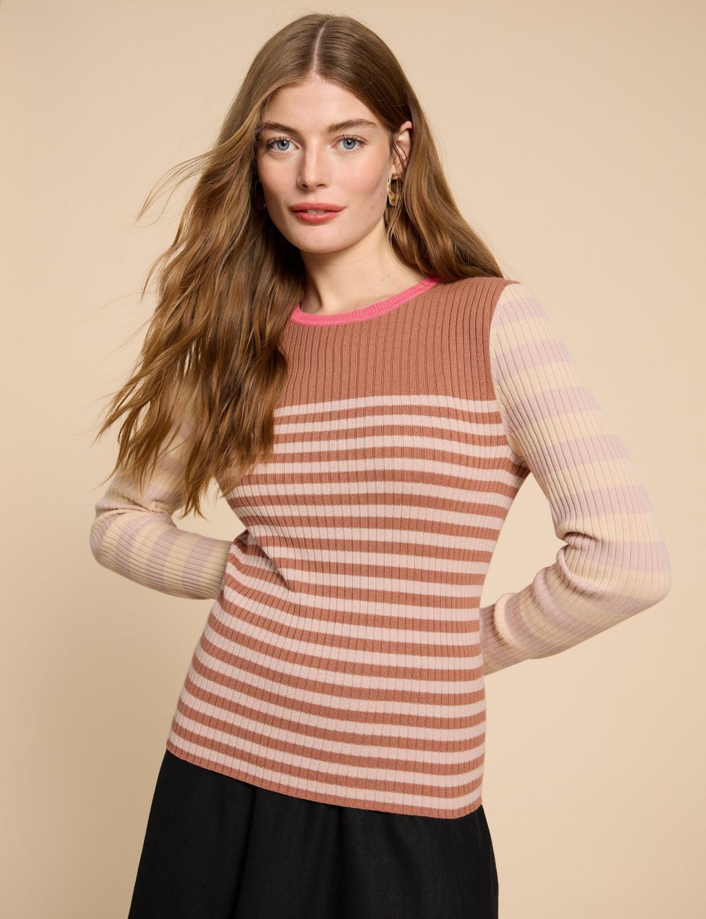 Cotton Rich Striped Crew Neck Jumper with Wool