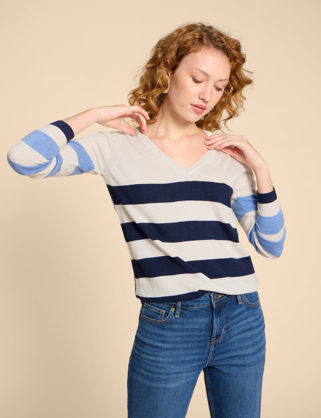 Pure Merino Wool Striped V-Neck Jumper image 1