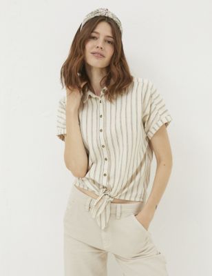 Fatface Womens Linen Blend Striped Tie Front Shirt - 8 - Ivory, Ivory