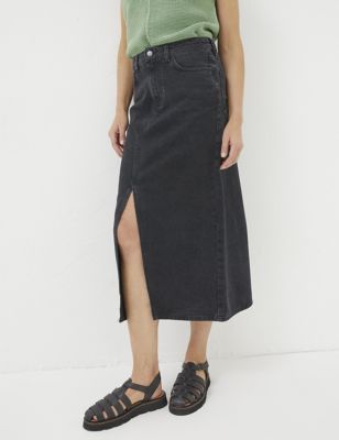 Fatface Women's Pure Linen Denim Midi Skirt - 6REG - Black, Black