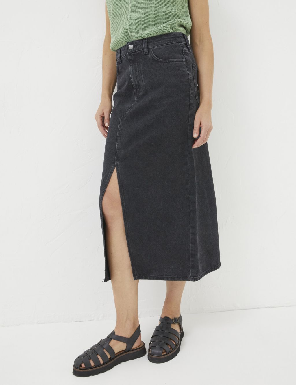 Pure Linen Denim Midi Skirt