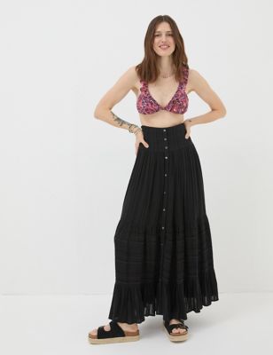 Fatface Womens Cotton Blend Maxi A-Line Beach Skirt - 10REG - Black, Black,Ivory