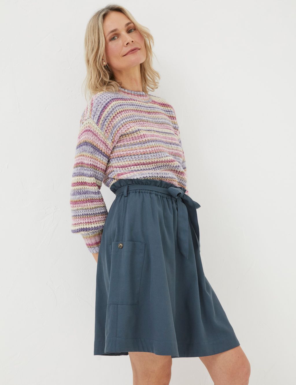 Cotton Blend Belted Mini Utility Skirt