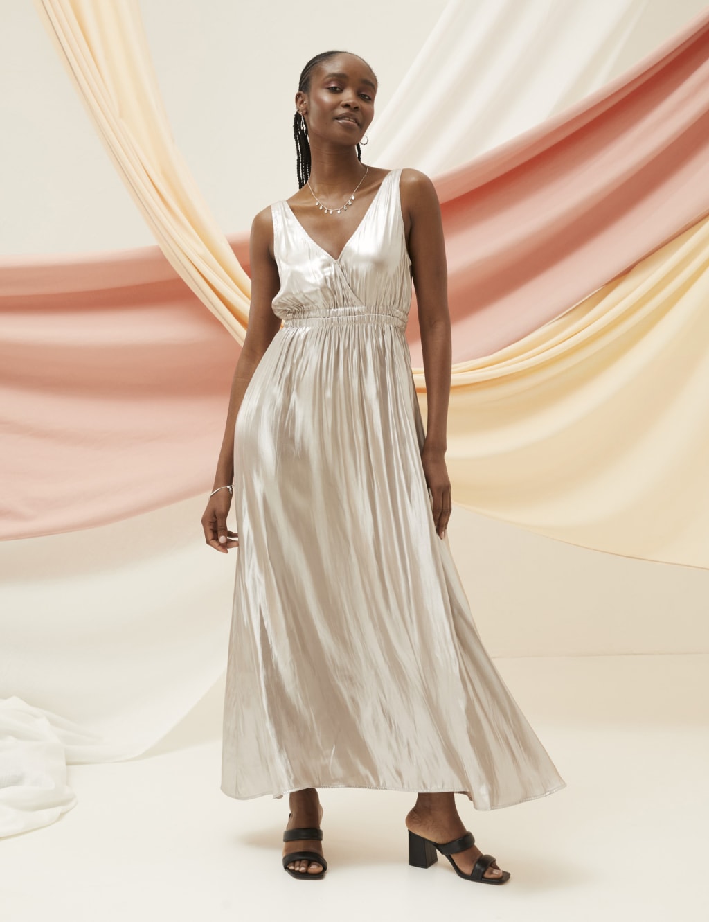 Metallic V-Neck Maxi Waisted Dress