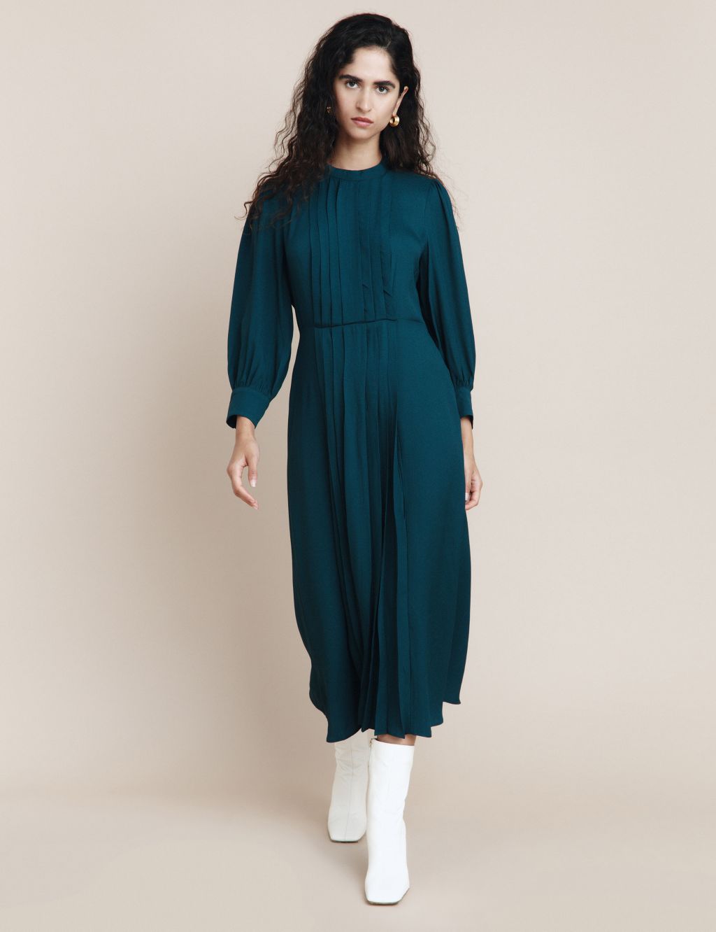 Crepe High Neck Pleated Midaxi Swing Dress image 1
