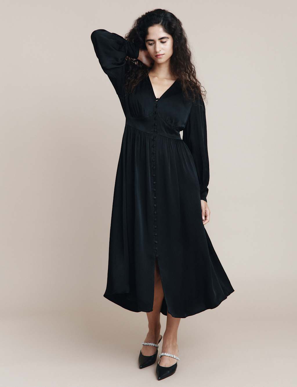 Satin V-Neck Midi Waisted Dress image 1