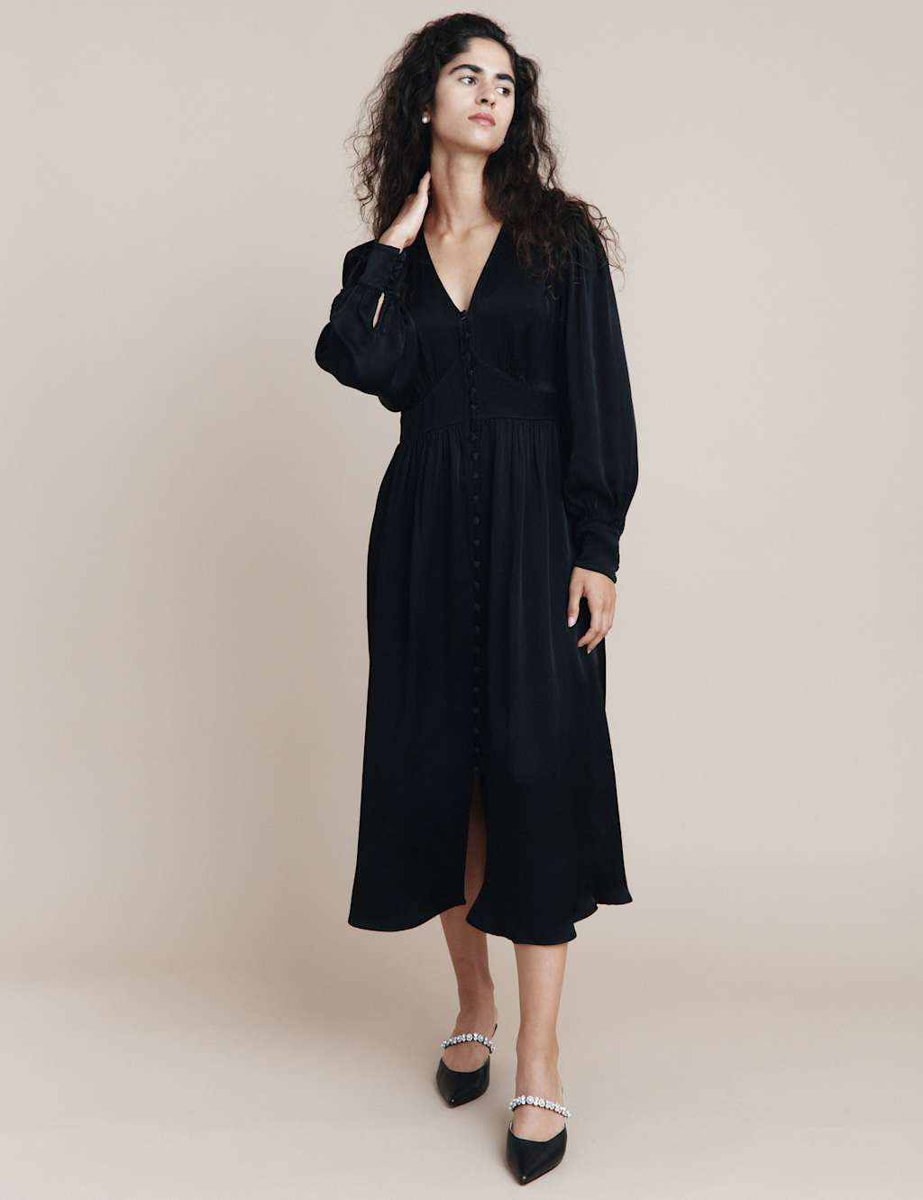 Satin V-Neck Midi Waisted Dress image 2