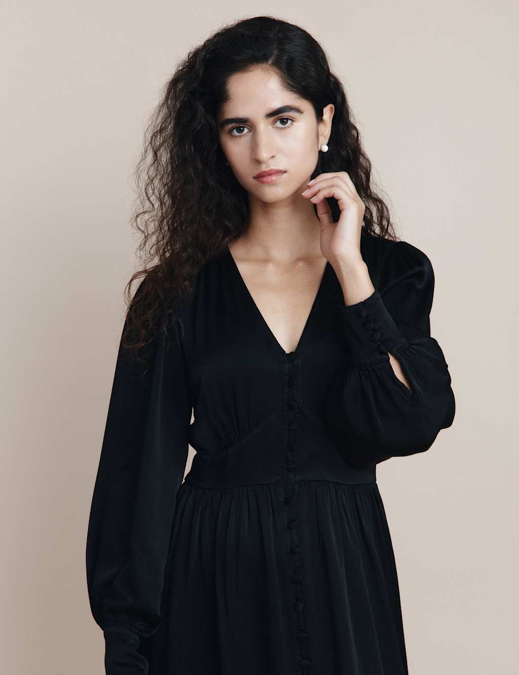Satin V-Neck Midi Waisted Dress image 3