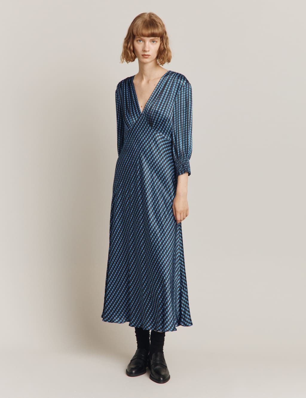 Satin Checked V-Neck Midi Tea Dress image 1