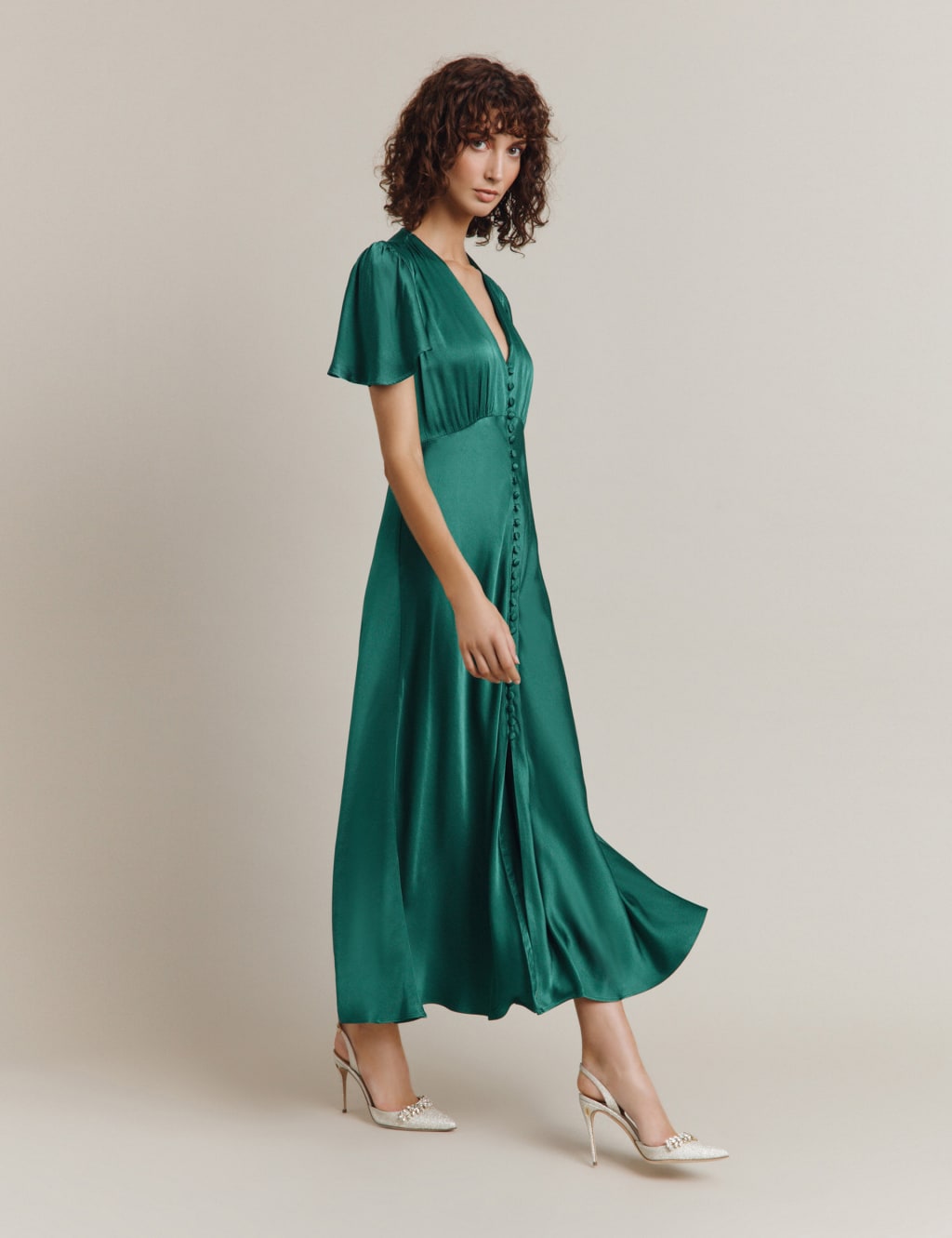 V-Neck Button Front Midi Swing Dress image 3