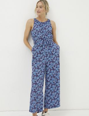 Fatface Women's Floral Belted Cropped Jumpsuit - 10LNG - Blue Mix, Blue Mix