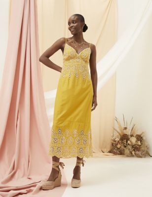 Fatface Women's Broderie Midi Slip Dress - 6SHT - Yellow, Yellow