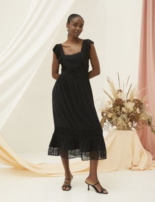 Fatface Women's Lyocell Rich Lace Square Neck Midi Dress - 6SHT - Black, Black,Coral