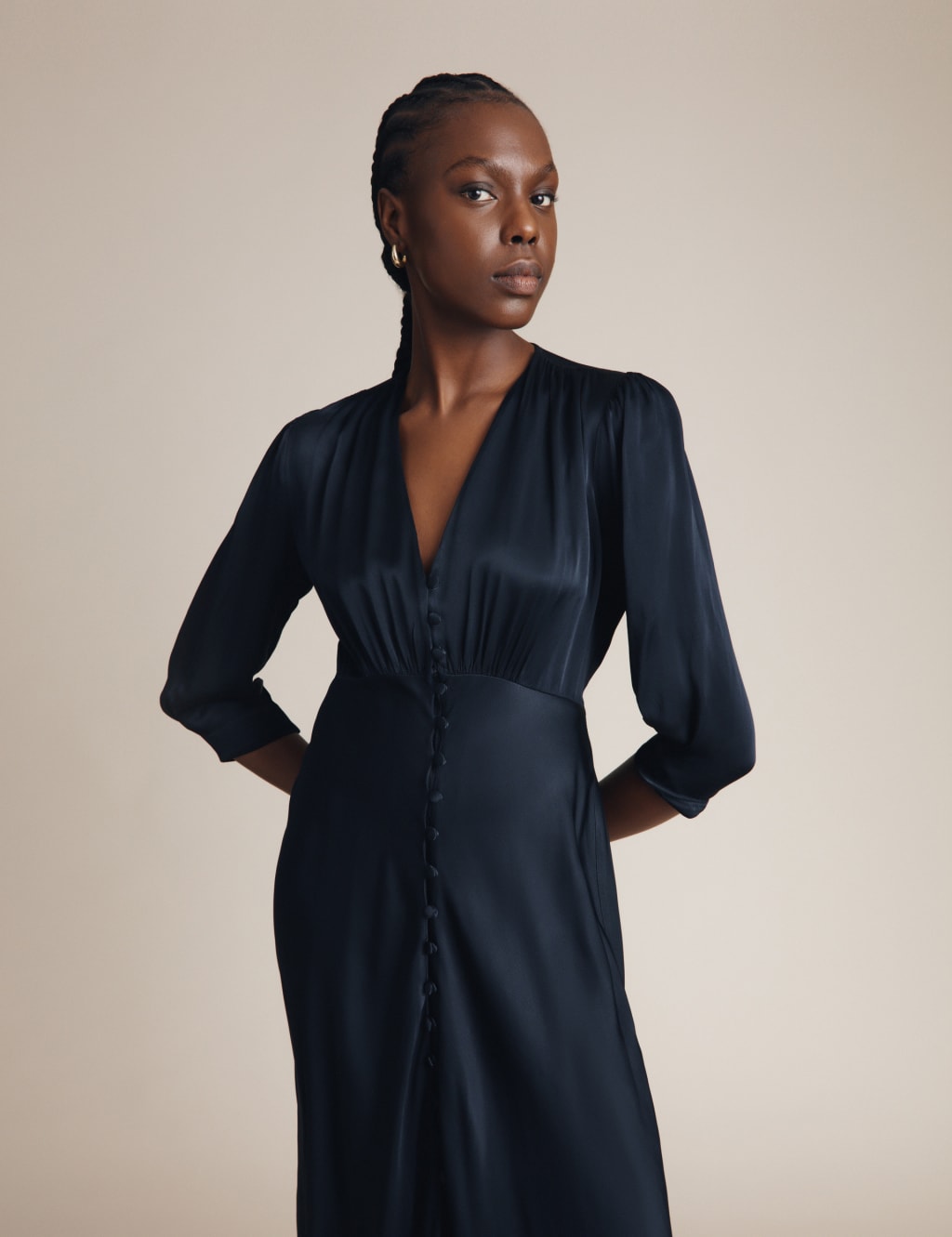 Satin V-Neck Button Front Midi Tea Dress image 1