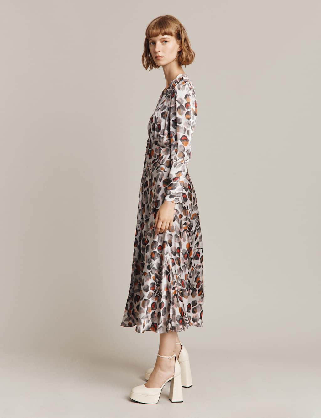 Satin Printed V-Neck Midi Tea Dress image 3
