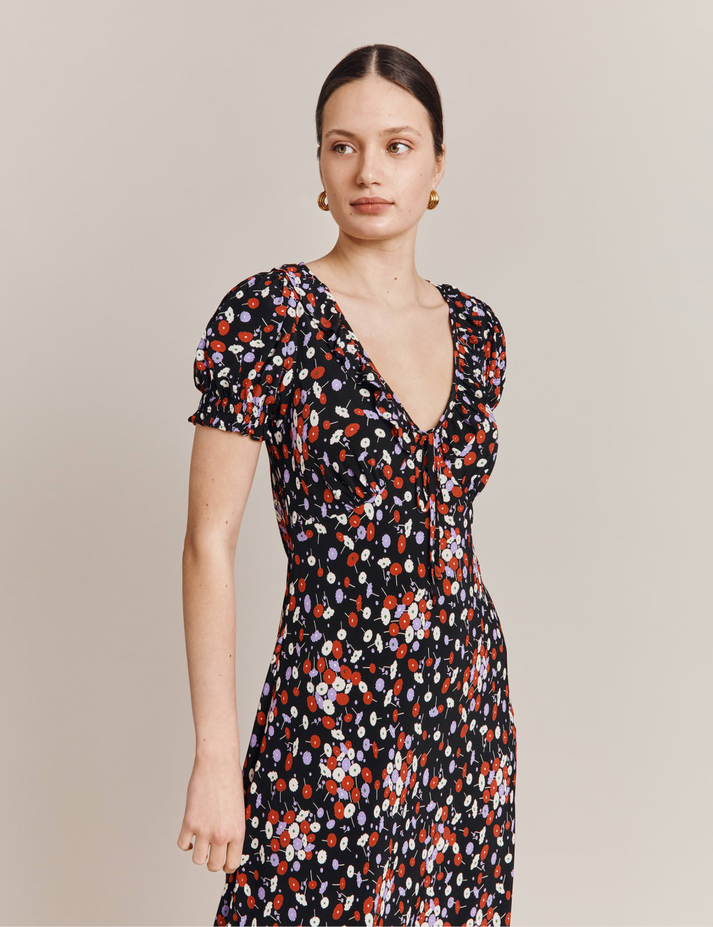 Floral V-Neck Tie Detail Midi Waisted Dress image 2
