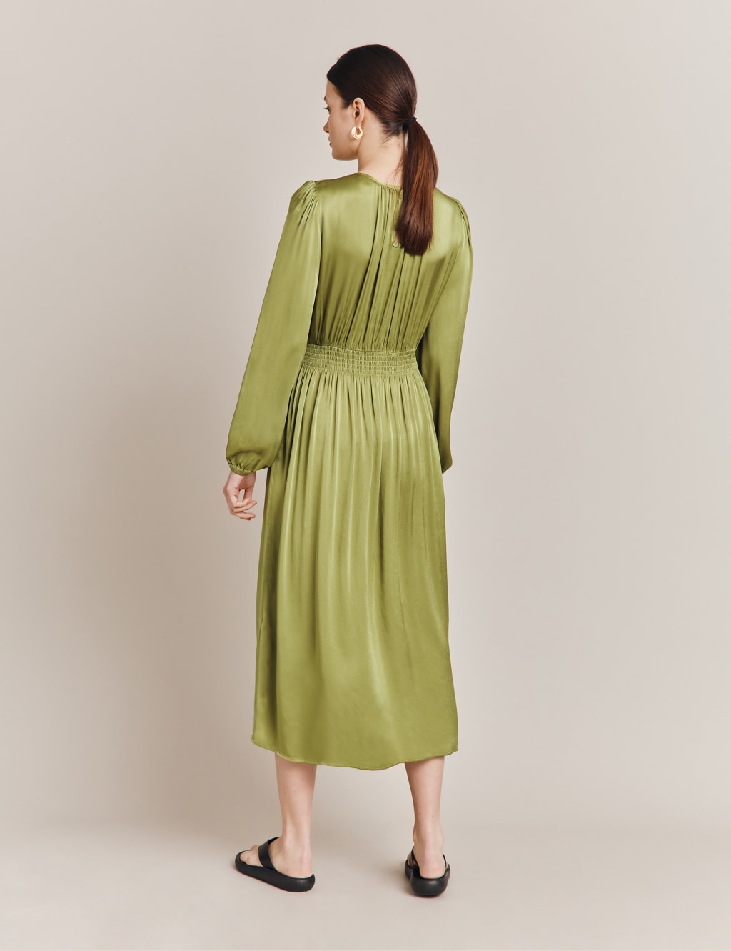 Satin Round Neck Shirred Midi Waisted Dress image 4