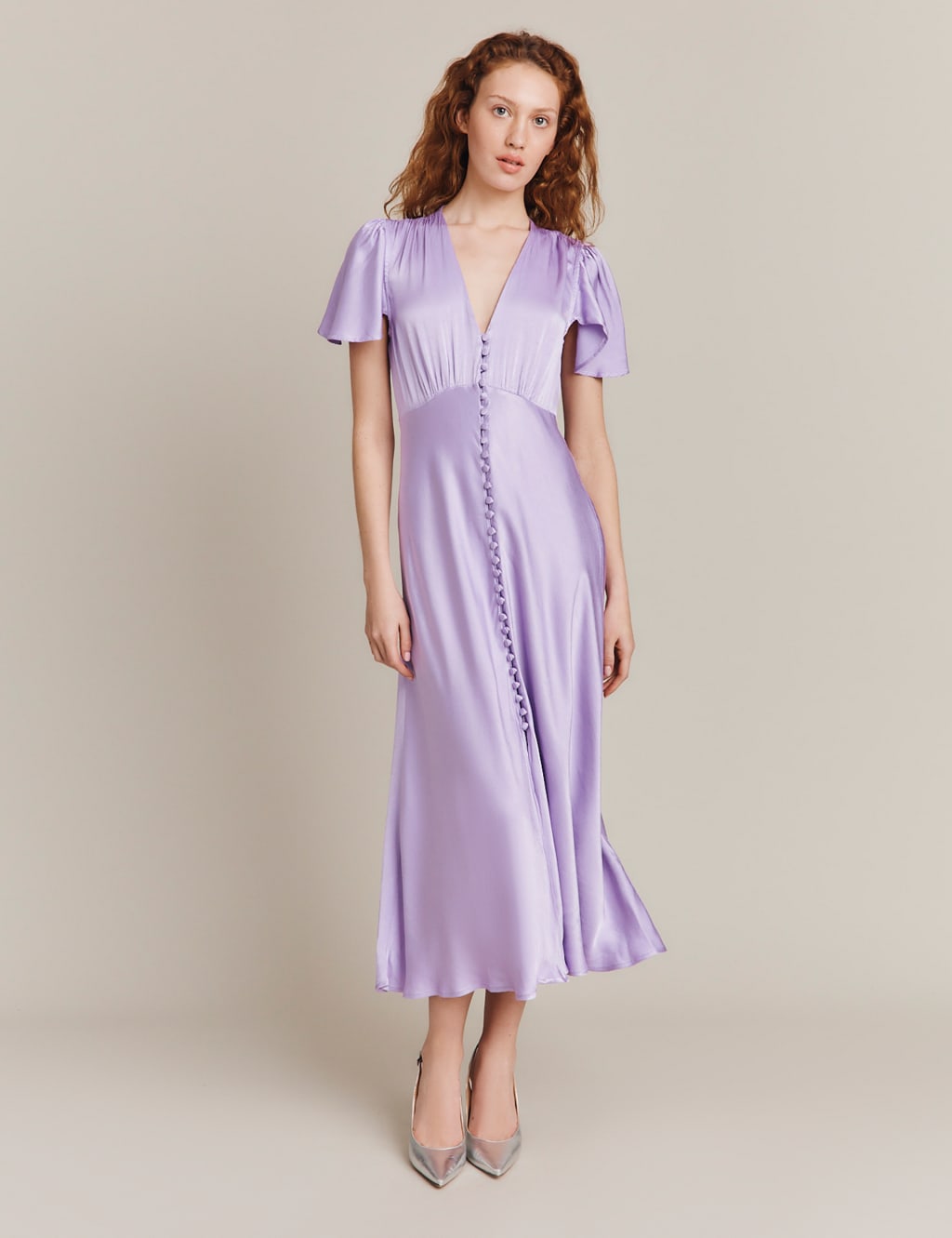 Satin V-Neck Button Front Midi Swing Dress image 2