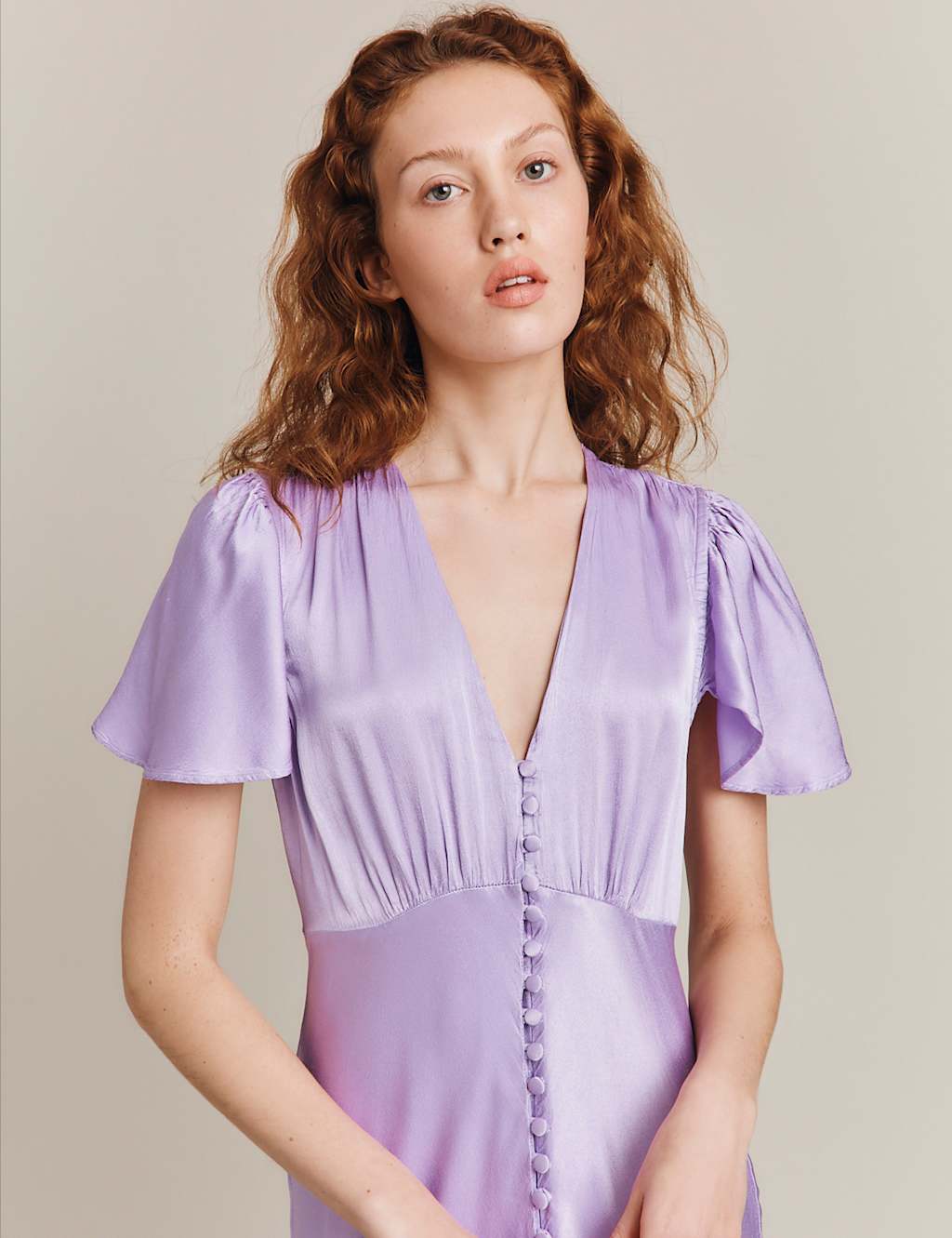Satin V-Neck Button Front Midi Swing Dress image 3