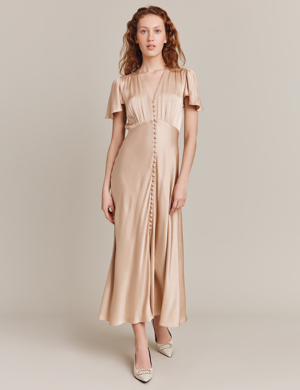 Satin V-Neck Midi Swing Dress image 1