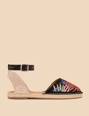 White Stuff Women's Suede Embroidered Ankle Strap Espadrilles - 3 - Black Mix, Black Mix