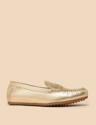 White Stuff Womens Leather Metallic Flat Loafers - 8 - Gold, Gold