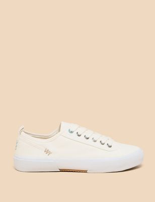 White Stuff Womens Canvas Lace Up Trainers - 3, White,Natural,Blue,Orange