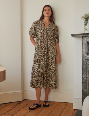 Albaray Womens Organic Cotton Animal Print Midi Dress - 8 - Brown Mix, Brown Mix