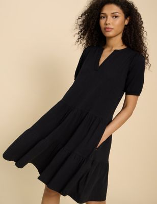 White Stuff Women's Pure Cotton Notch Neck Midi Tiered Dress - 10 - Black, Black