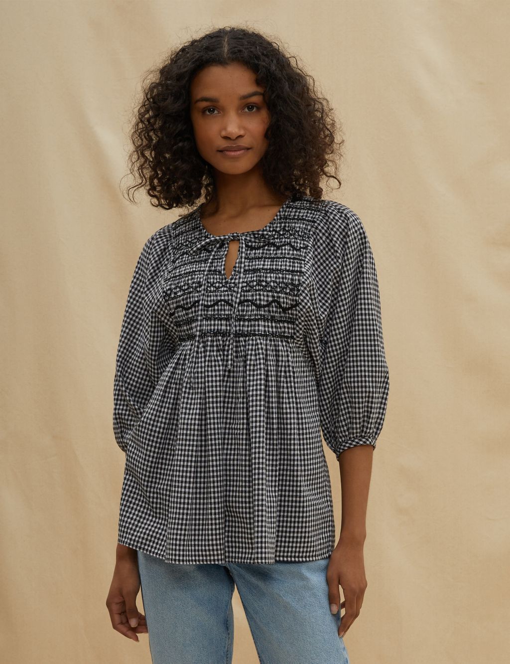 Organic Cotton Checked Smocked Blouse image 1