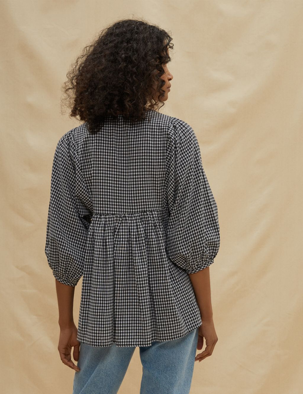 Organic Cotton Checked Smocked Blouse image 3