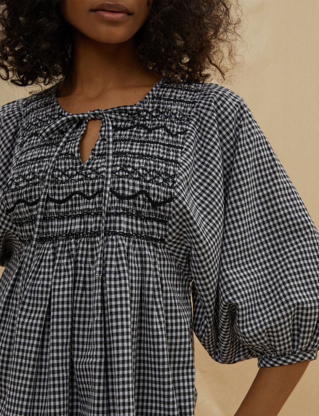 Organic Cotton Checked Smocked Blouse image 4