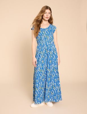 White Stuff Women's Cotton Rich Jersey Printed Maxi Waisted Dress - 6REG - Blue Mix, Blue Mix