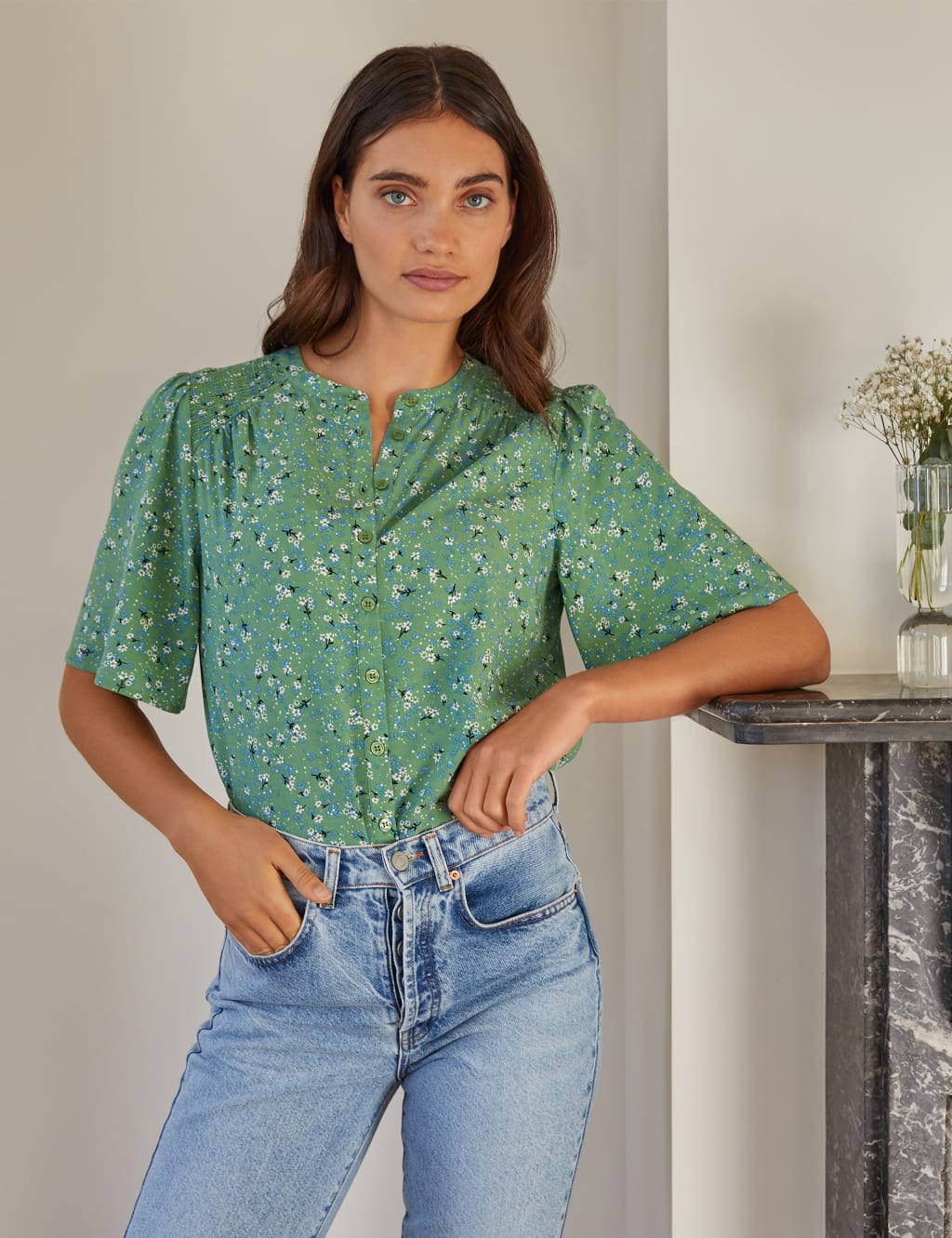 Ditsy Floral Crew Neck Shirred Blouse image 1