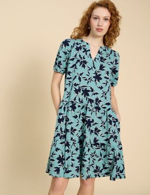 White Stuff Women's Pure Cotton Jersey Floral V-Neck Tiered Dress - 8 - Teal Mix, Teal Mix