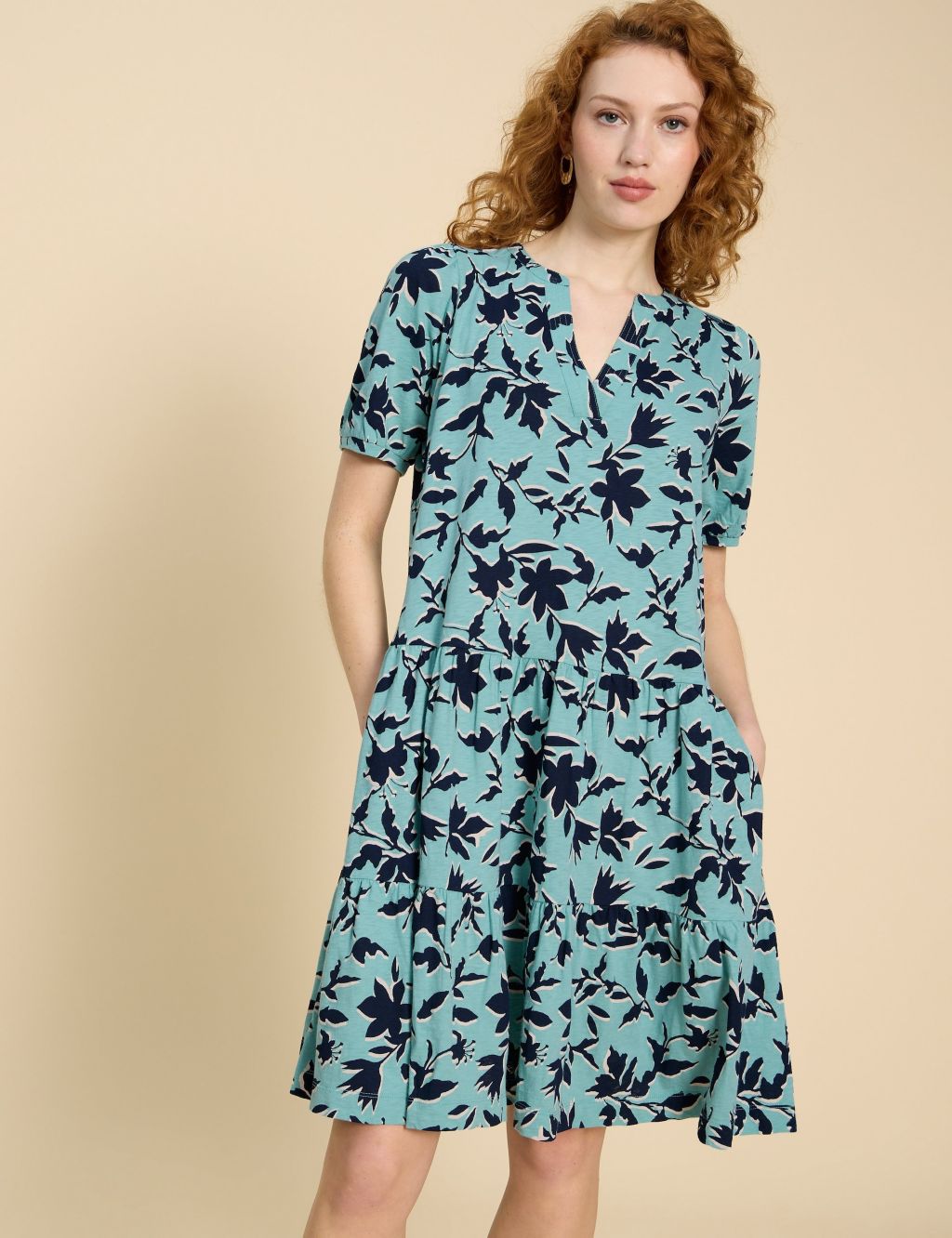 Pure Cotton Jersey Floral V-Neck Tiered Dress