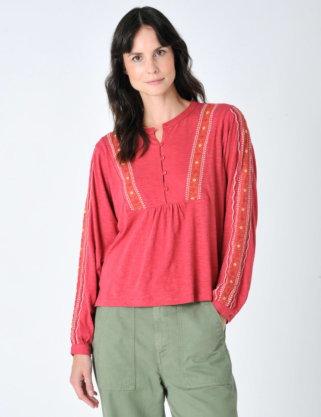 Cotton Rich Embroidered Bib Detail Blouse image 1