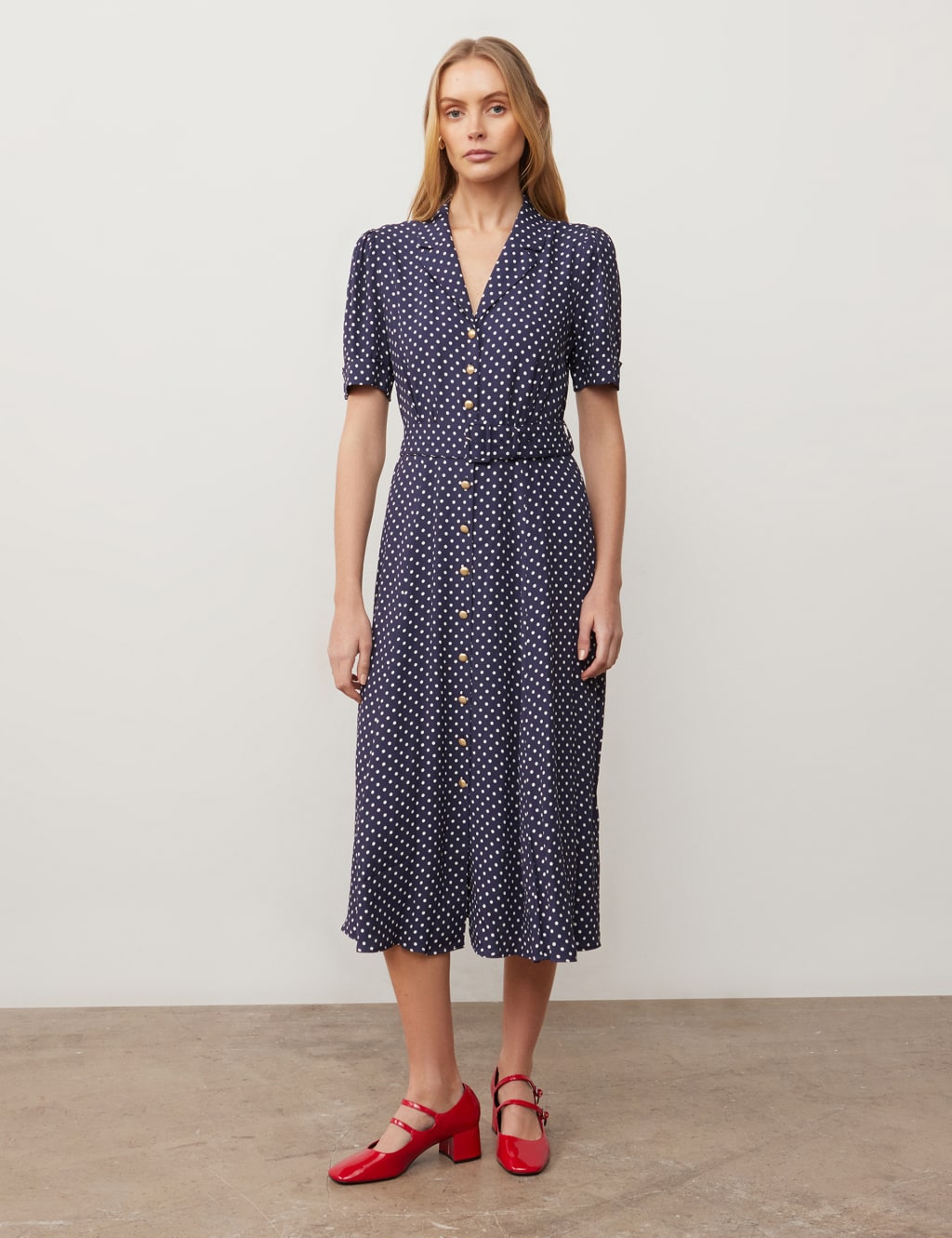 Polka Dot Button Through Midi Waisted Dress