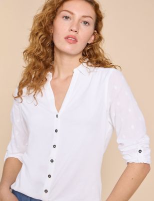 White Stuff Womens Pure Cotton Jersey Woven Collared Shirt - 22, White