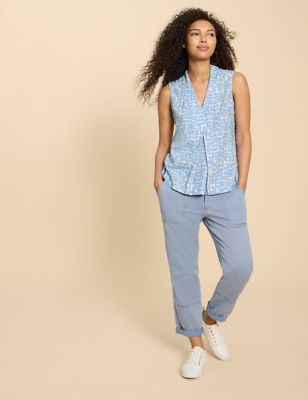 White Stuff Women's Cotton Rich Jersey Printed V-Neck Shirt - 8 - Blue Mix, Blue Mix