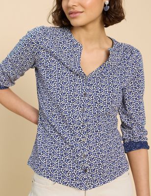 White Stuff Women's Pure Cotton Printed Collarless Shirt - 6 - Blue Mix, Blue Mix