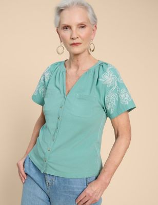 White Stuff Womens Pure Cotton Embroidered Notch Neck Shirt - 8 - Teal, Teal