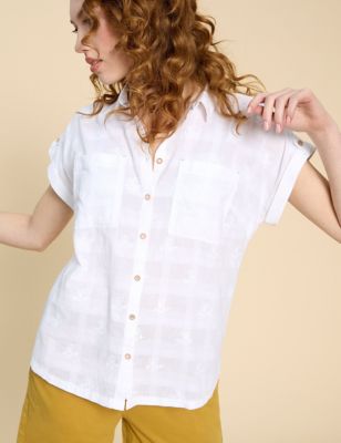 White Stuff Women's Pure Cotton Checked Embroidered Shirt - 6, White