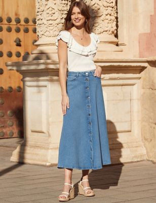Sosandar Womens Denim Button Front Midi Skirt - 10 - Blue Denim, Blue Denim