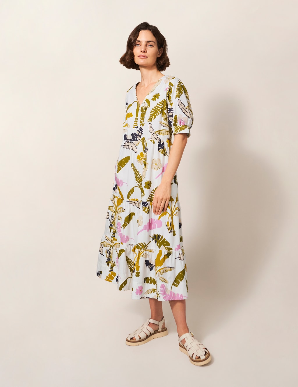 Pure Cotton Printed V-Neck Midi Tiered Dress image 3