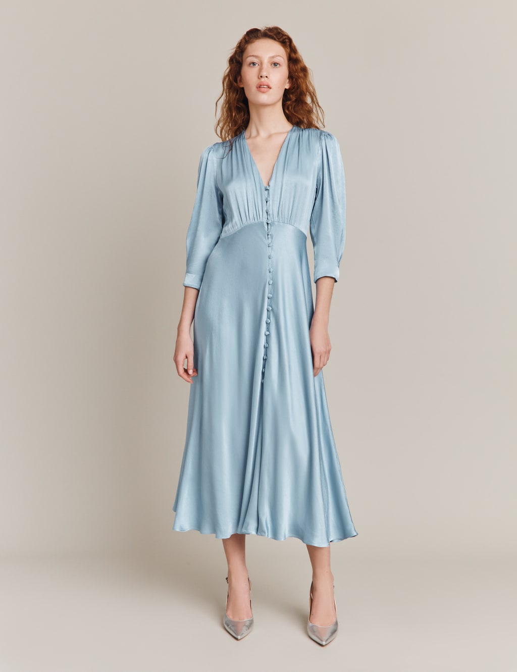 Satin V-Neck Button Front Midi Waisted Dress image 1