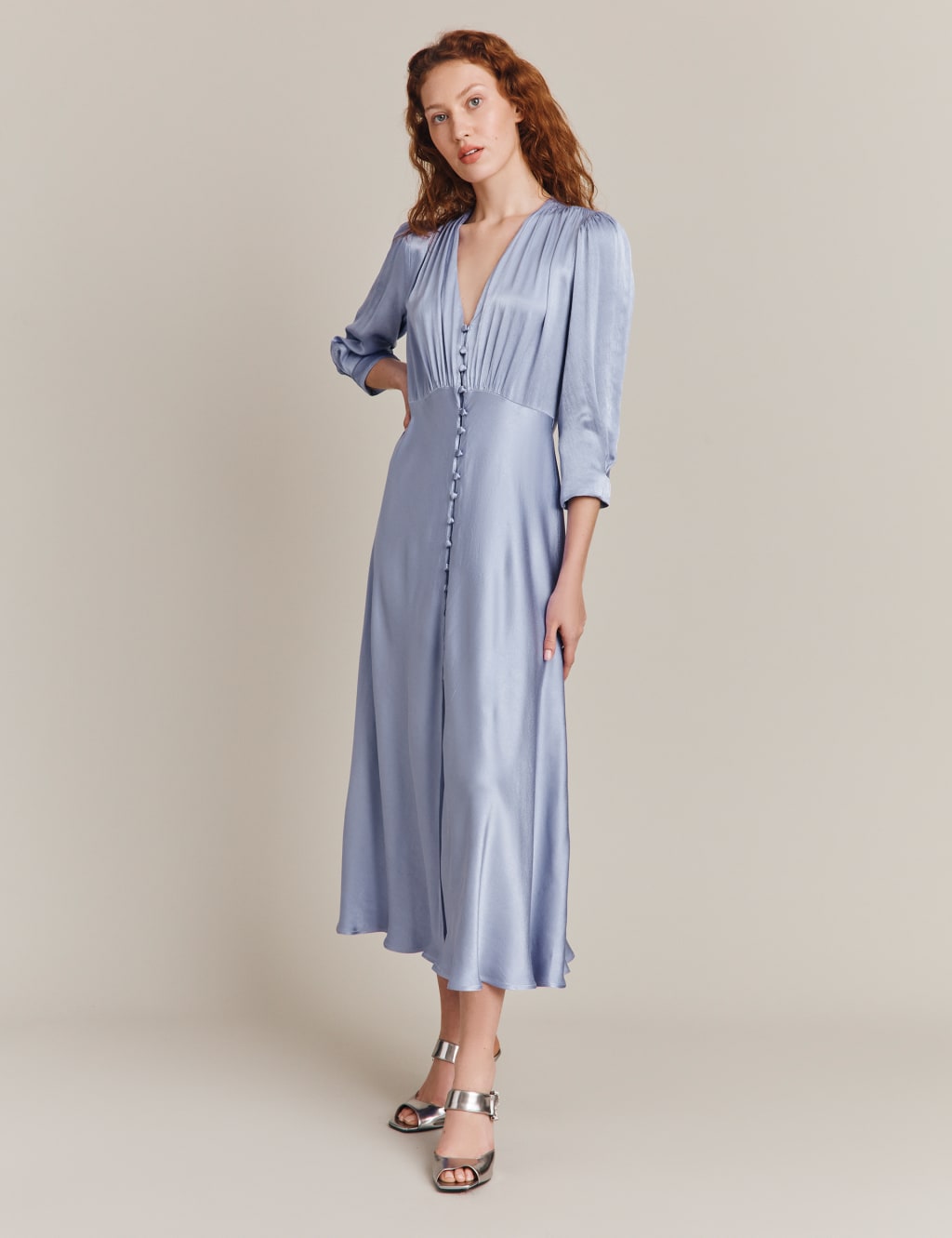 Satin V-Neck Button Front Midi Waisted Dress image 2