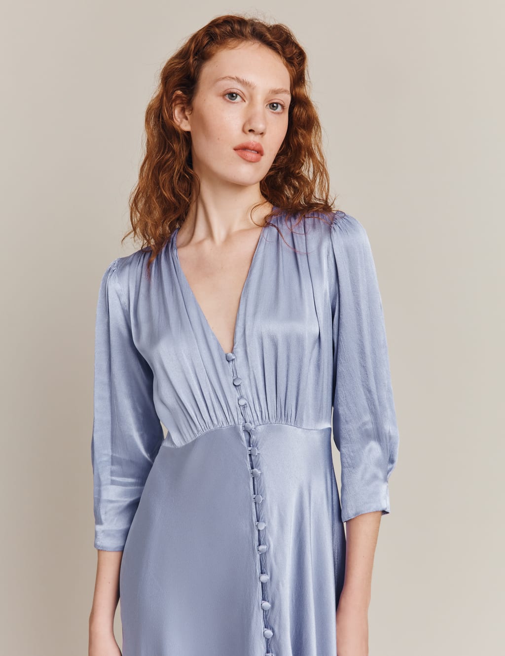 Satin V-Neck Button Front Midi Waisted Dress image 3