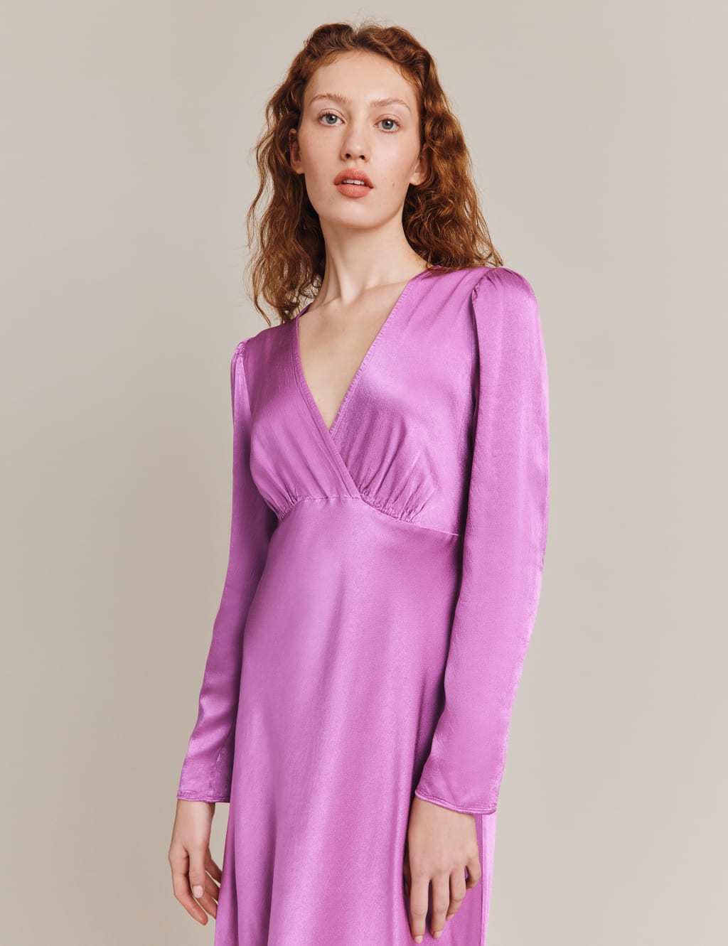 Satin V-Neck Midi Waisted Dress image 3