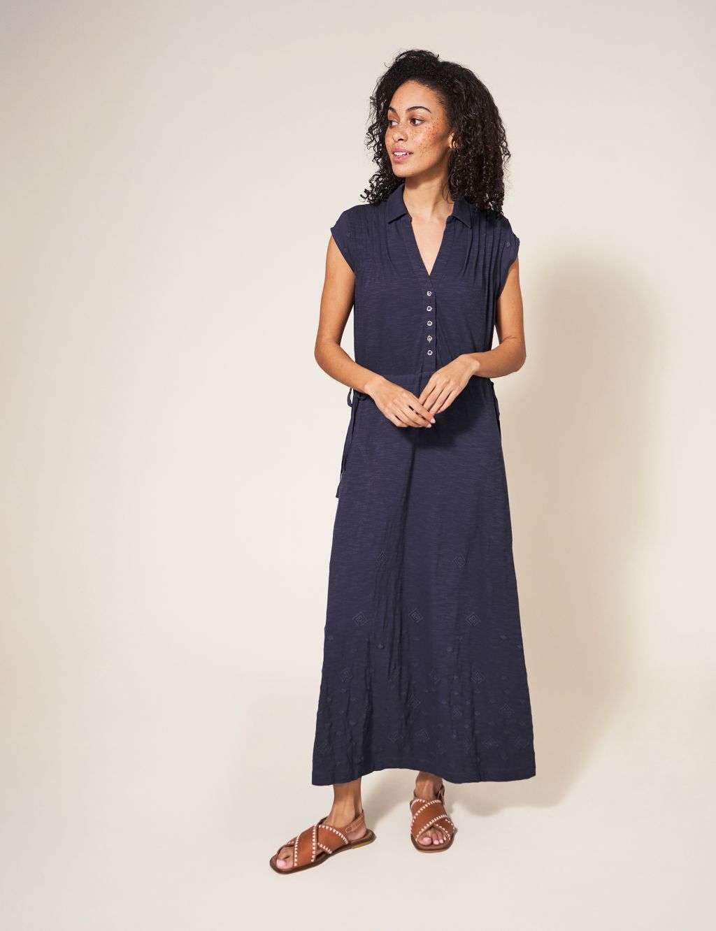 Jersey Embroidered Midi Waisted Dress image 1